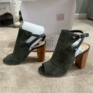 White House Black Market Open-Toe Suede Block Heel Sandal - Olive Green
